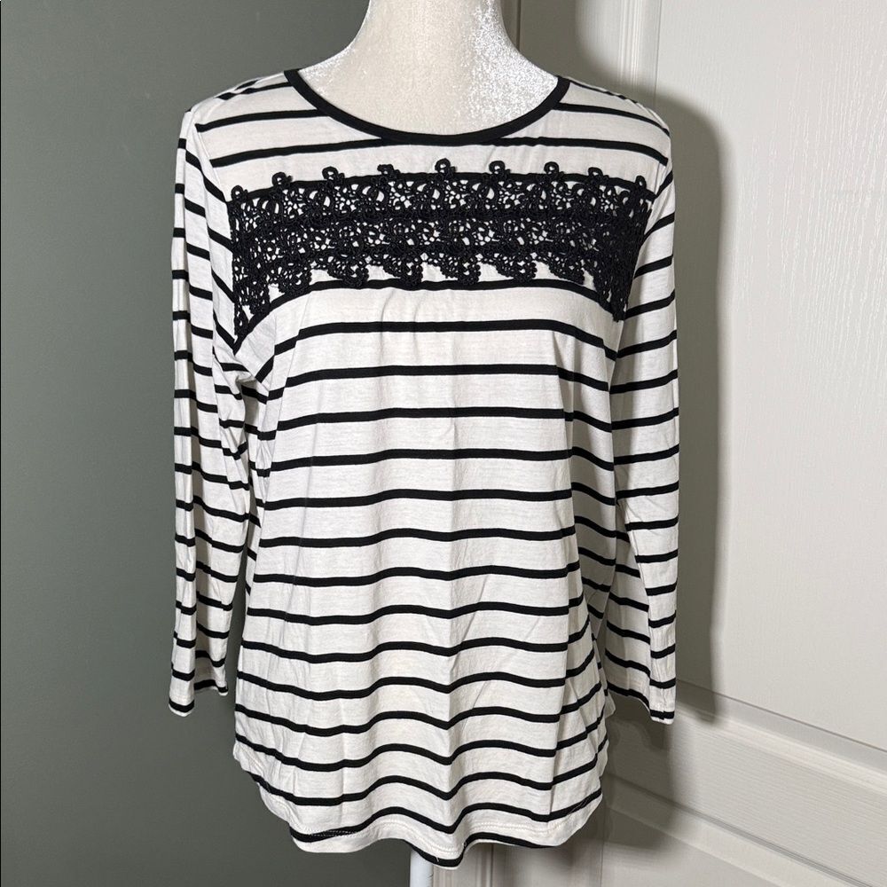 LOFT Outlet Striped Lace Detail Top Black White 3/25 sleeve Size M